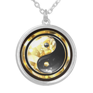 Gold Yin Yang on black Silver Plated Necklace