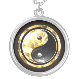 Gold Yin Yang on black Silver Plated Necklace