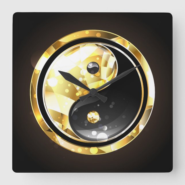 Gold Yin Yang on black Square Wall Clock (Front)