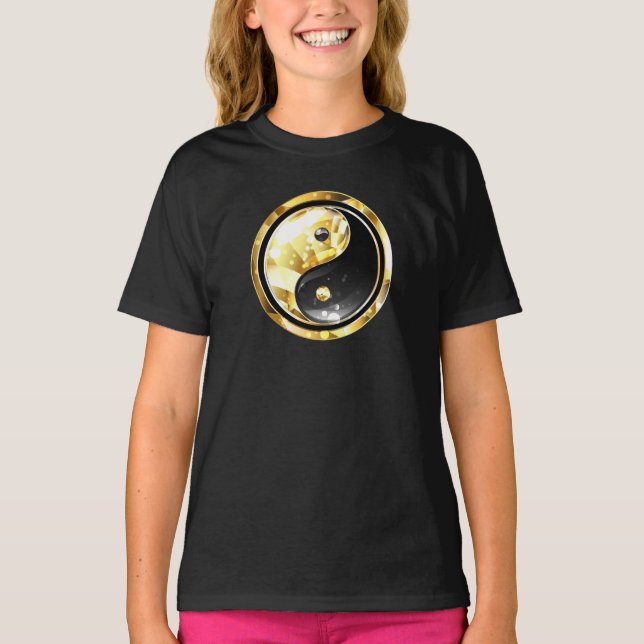 Gold Yin Yang on black T-Shirt (Front)