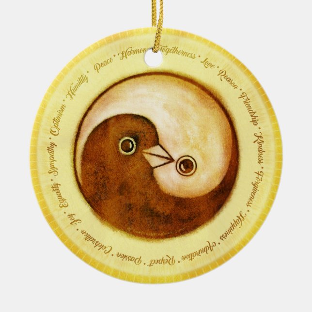 Gold Yin Yang peace doves ceramic decoration (Front)