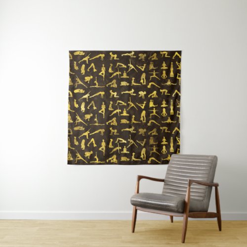 Gold Yoga Asanas  Poses pattern Tapestry