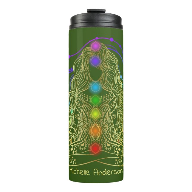 Gold Yoga Girl with Colorful Chakra Travel Mug (Front)