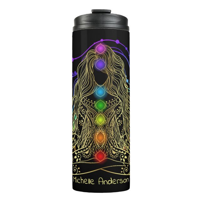 Gold Yoga Girl with Colorful Chakra Travel Mug (Front)