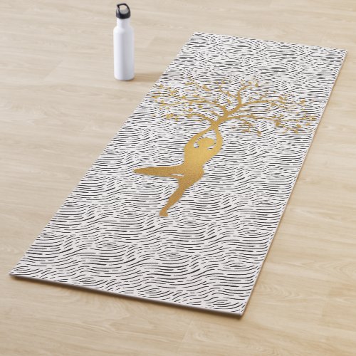 Gold Yoga Pose Silhouette with Tree Yoga Mat