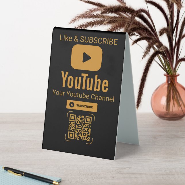 Gold YouTube Subscribe QR Code Black Table Tent (In SItu (Table))