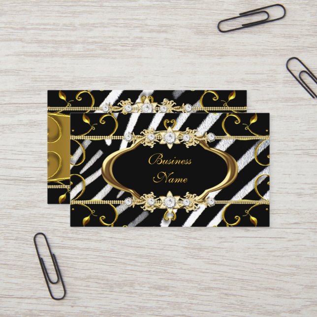 Gold Zebra Black White Jewel Image Business Card (Front/Back In Situ)