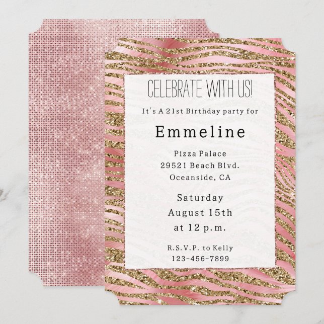 Gold Zebra Glitter Pink Fur Invitation (Front/Back)
