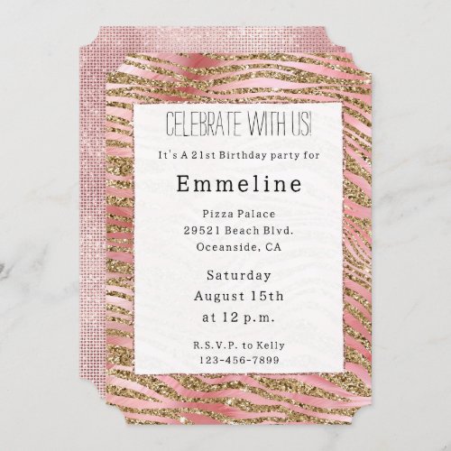 Gold Zebra Glitter Pink Fur Invitation