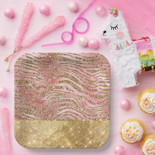 Gold Zebra Glitter Pink Fur Paper Plates