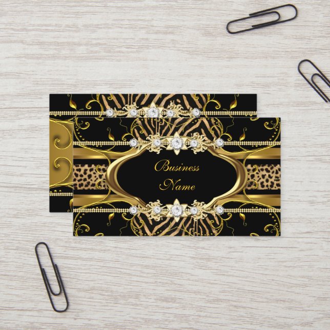 Gold Zebra Leopard Black Jewel Look Image Business Card (Front/Back In Situ)