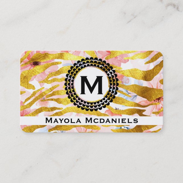 Gold Zebra Pattern | Pink Flowers Business Card (Front)