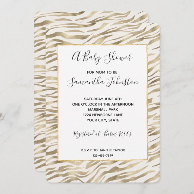 Gold Zebra Print Baby Shower Invitation (Front/Back)