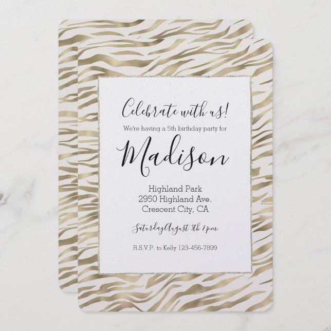 Gold Zebra Print Glitz Birthday Invitation (Front/Back)
