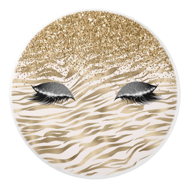 Gold Zebra Print Glitzy Eyes Ceramic Knob (Front)