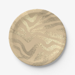 Gold zebra striped animal print metallic look paper plates