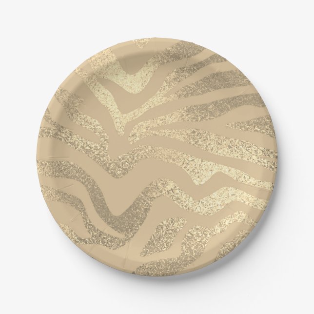 Gold zebra striped animal print metallic look paper plates (Front)