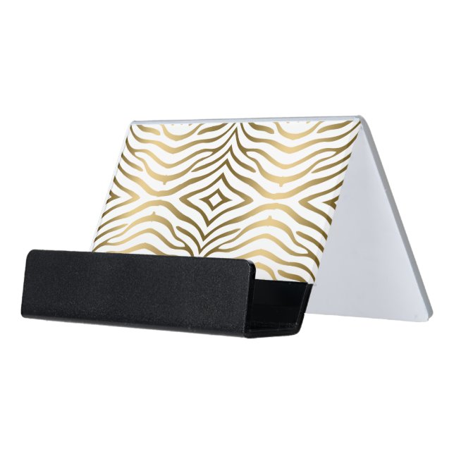 Gold Zebra Stripes Print Desk Business Card Holder (Angled Front)