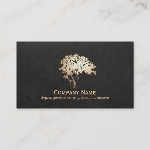 Elegant Gold Tree Faux Black Linen Business Card