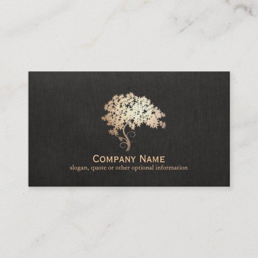 Customizable Elegant Gold Tree Faux Black Linen Business Card