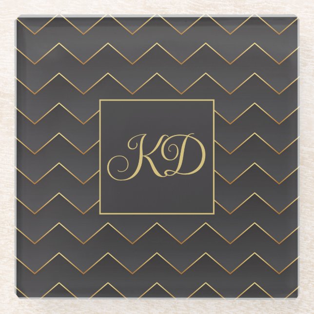 Gold Zig Zag Chevron Pattern  Glass Coaster (Front)