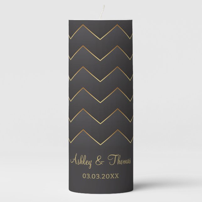 Gold Zig Zag Chevron Pattern Pillar Candle (Front)