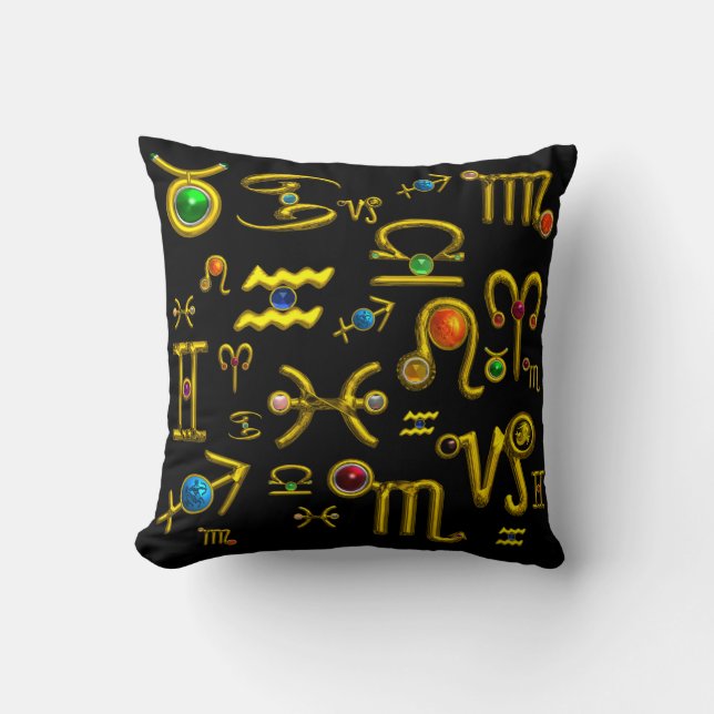 GOLD ZODIAC BIRTHDAY JEWELS,GEMSTONES,ASTROLOGY THROW PILLOW (Front)