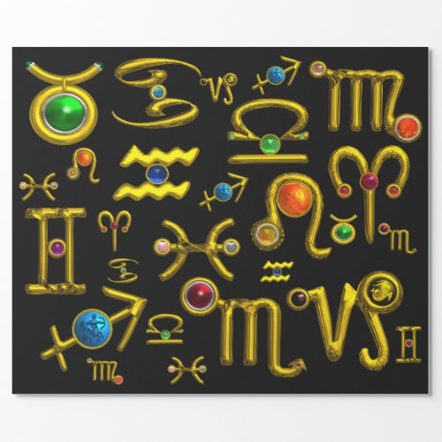 GOLD ZODIAC BIRTHDAY JEWELSGEMSTONESASTROLOGY WRAPPING PAPER