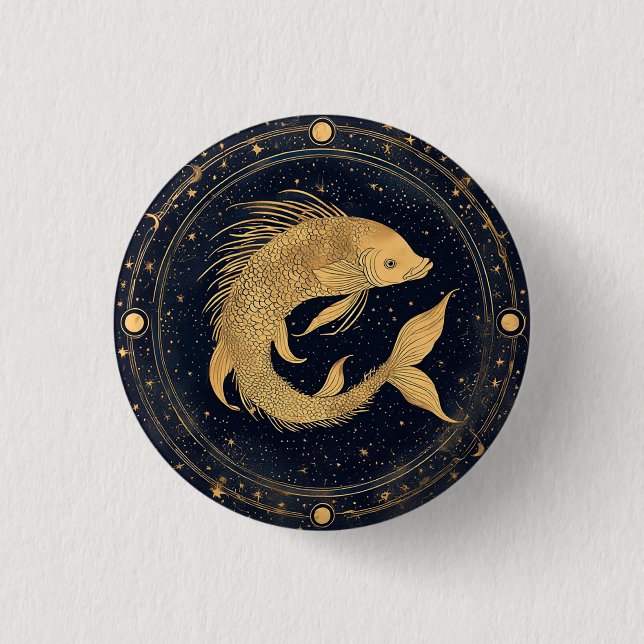 Gold Zodiac Pisces Illustration Button (Front)
