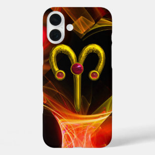 GOLD ZODIAC SIGN ARIES, Red Yellow Fractal Swirls iPhone 16 Plus Case