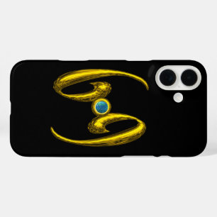 GOLD ZODIAC SIGN CANCER, Blue Opale Gemstone Black iPhone 16 Plus Case