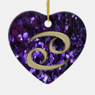 Gold Zodiac Sign Cancer on Purple Glitter Ornament