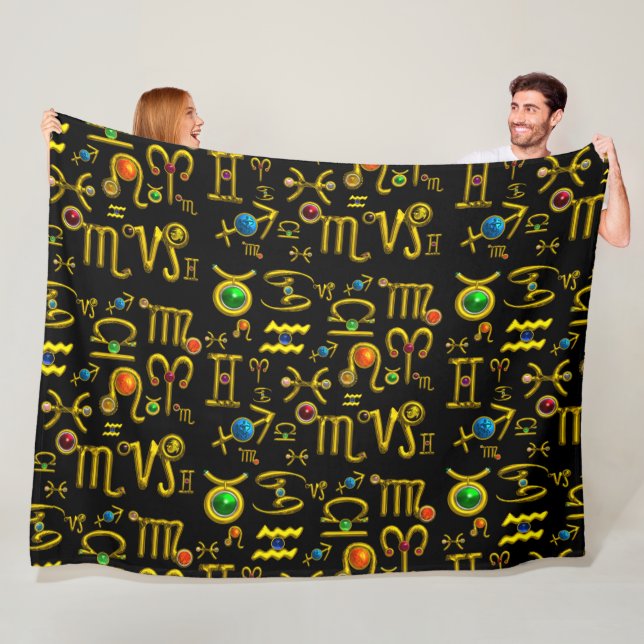 GOLD ZODIAC SIGN JEWELS,GEMSTONES,ASTROLOGY  FLEECE BLANKET (In Situ)