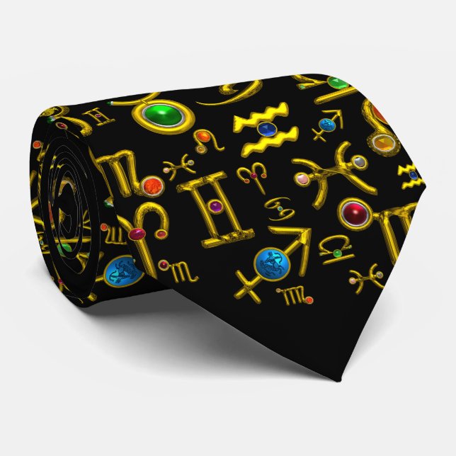 GOLD ZODIAC SIGN JEWELS,GEMSTONES,ASTROLOGY  NECK TIE (Rolled)