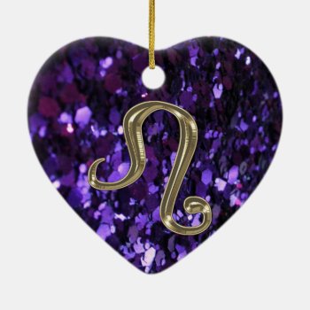 Gold Zodiac Sign Leo On Purple Glitter Ornament by UROCKSymbology at Zazzle