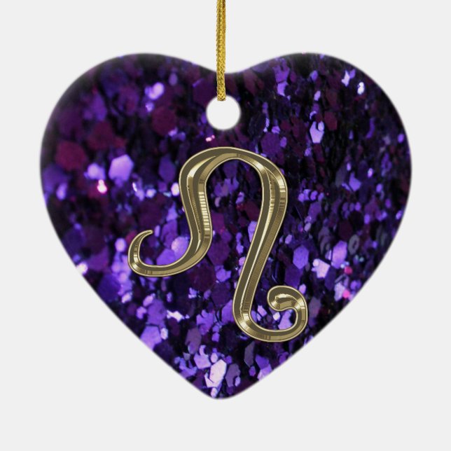 Gold Zodiac Sign Leo on Purple Glitter Ornament (Back)