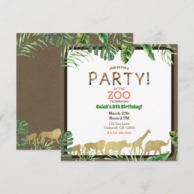 Gold Zoo Animals Jungle Safari Birthday Party Invitation (Front/Back)