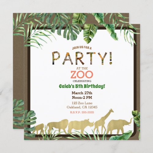 Gold Zoo Animals Jungle Safari Birthday Party Invitation