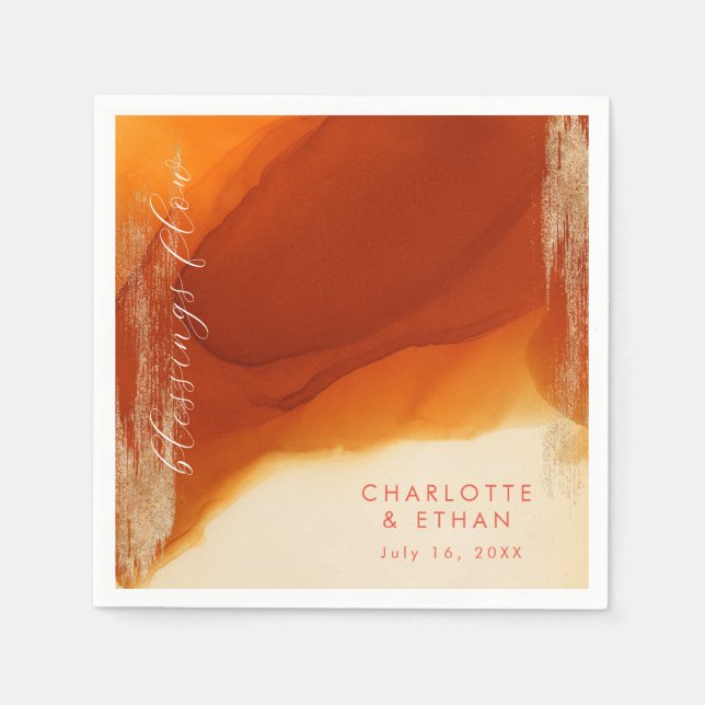 Goldbrushed Burnt Orange Modern Flowing Ink Napkins (Front)