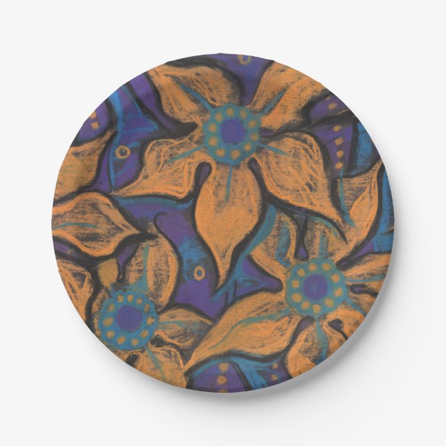 Golde Flowers Orange Purple Floral Art Painting Paper Plates (Front)