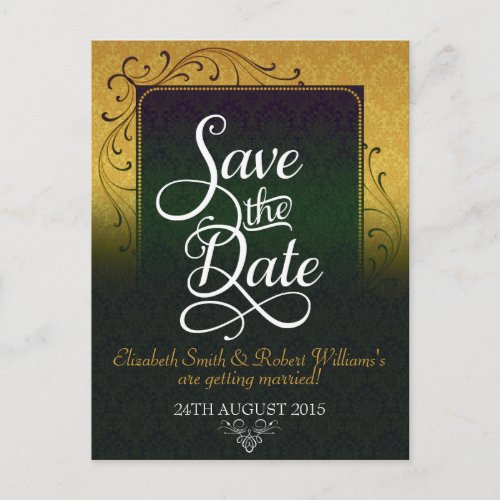 Golde Green Damask Elegance Save the Date Postcard