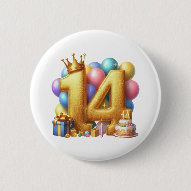Golden 14th Birthday Button (Front)