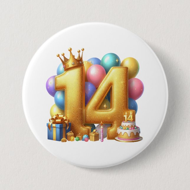 Golden 14th Birthday Button (Front)