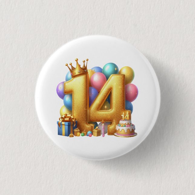 Golden 14th Birthday Button (Front)