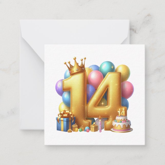 Golden 14th Birthday Note Card (Front)