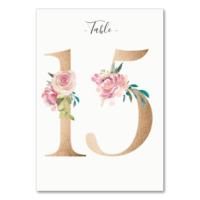 Golden 15 Floral Table Number Card (Front)