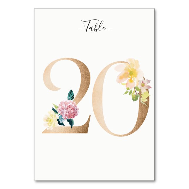 Golden 20 Floral Table Number Card (Front)