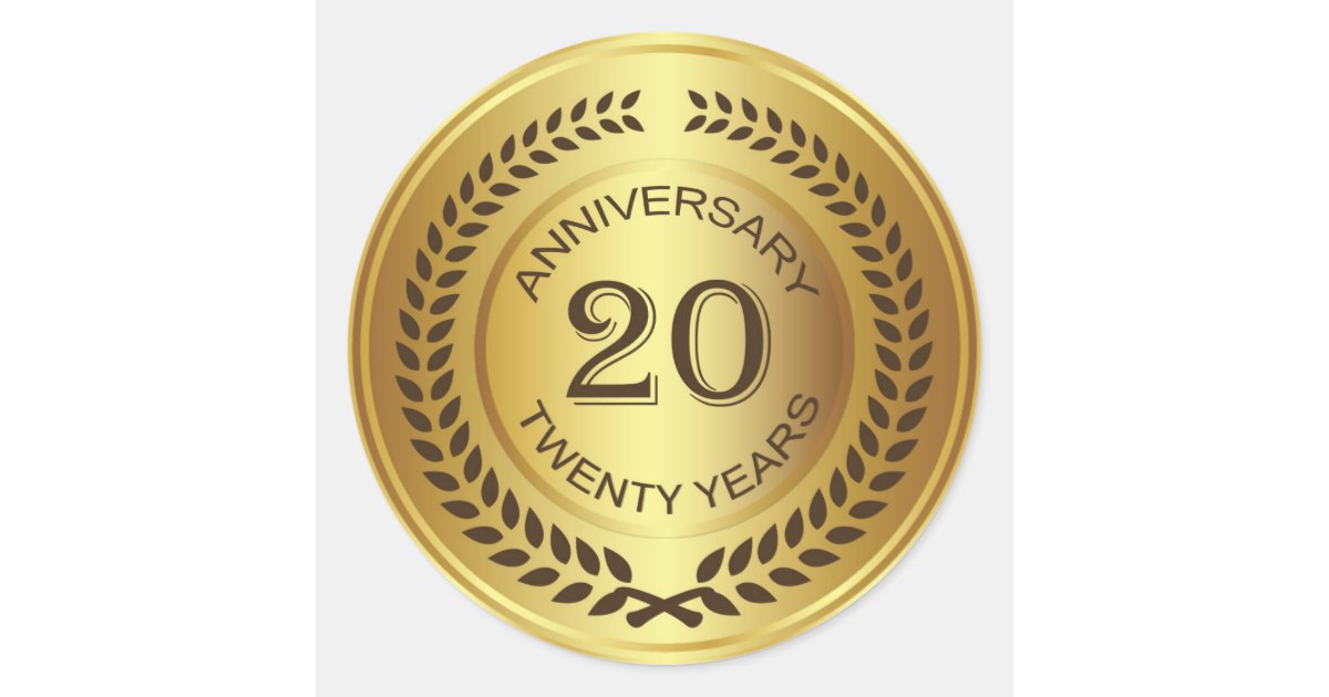 Golden 20th Anniversary with laurel wreath Classic Round Sticker | Zazzle.com