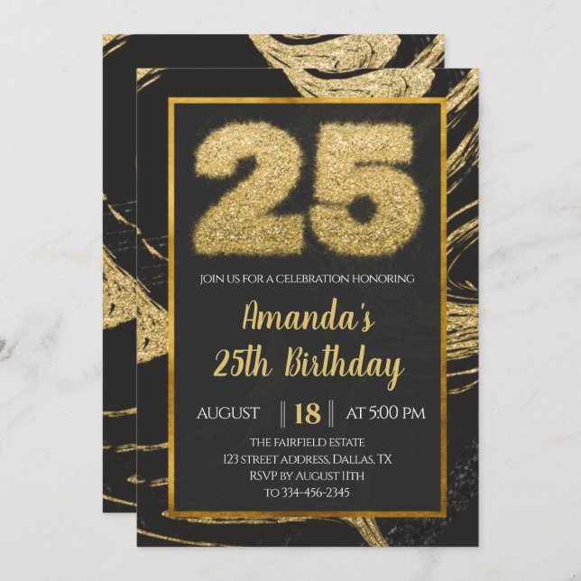 Golden 25th Birthday Invitation (Front/Back)