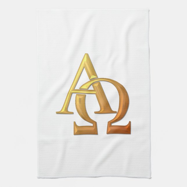 Golden "3-D" Alpha and Omega Symbol Kitchen Towel (Vertical)